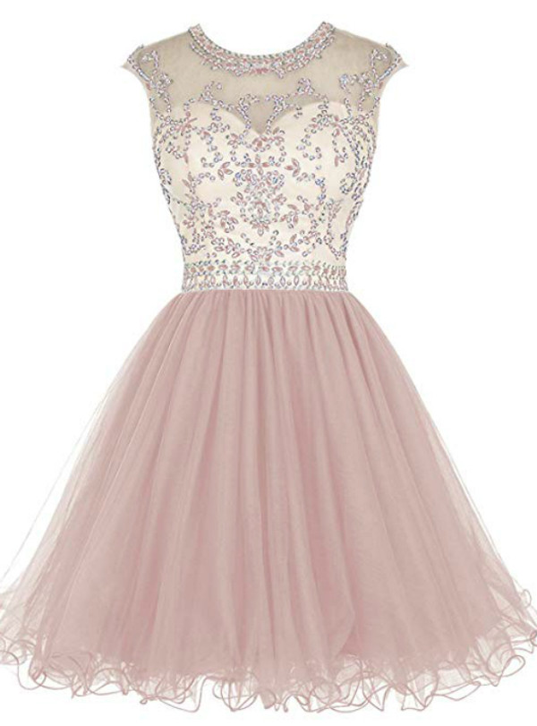 Pink Tulle Cap Sleeve Beading Sequins Short Homecoming Dress