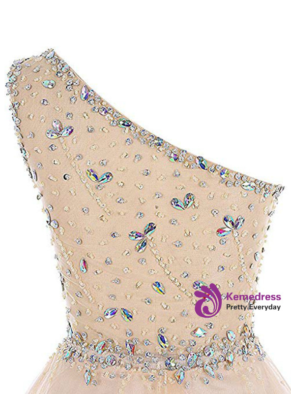 Purple Tulle One Sholuder Beading Crystal Short Homecoming Dress