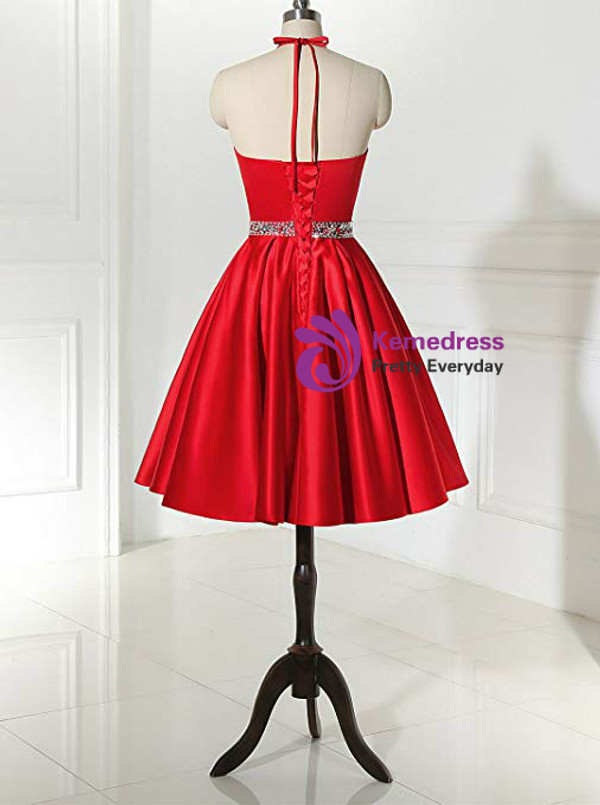Simple Red Satin Halter Beaidng Crystal Homecoming Dress With Pocket
