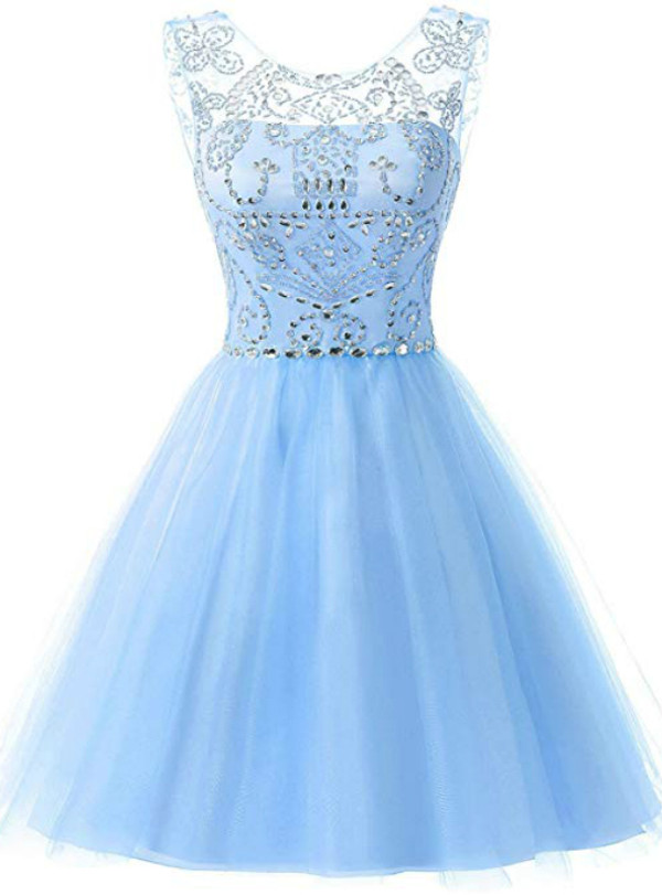 Simple Blue Tulle Beading Backless Short Homecoming Dress