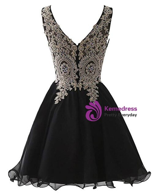 A-Line Black Chiffon V-neck Lace Appliques Beading Homecoming Dress