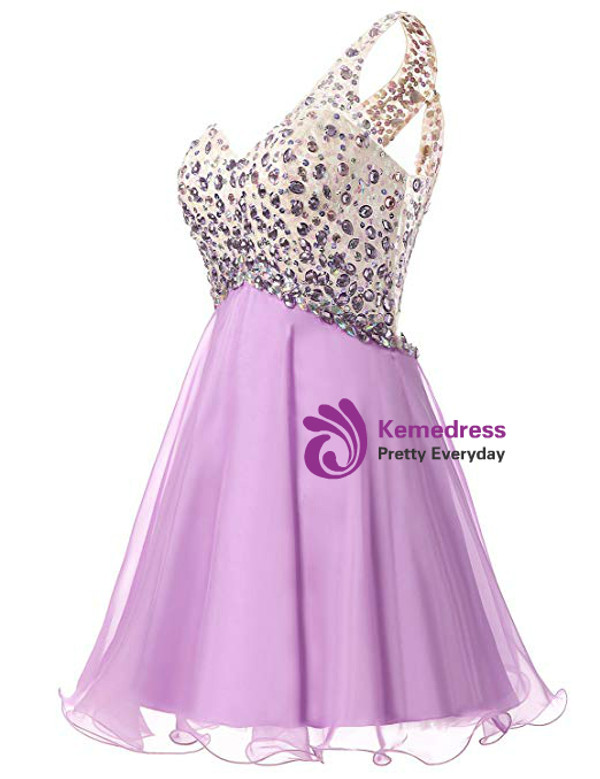 Simple Purple Chiffon One Shoulder Homecoming Dress With Crystal
