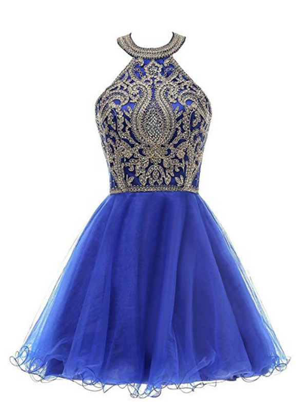 A-Line Royal Blue Tule Halter Appliques Homecoming Dress