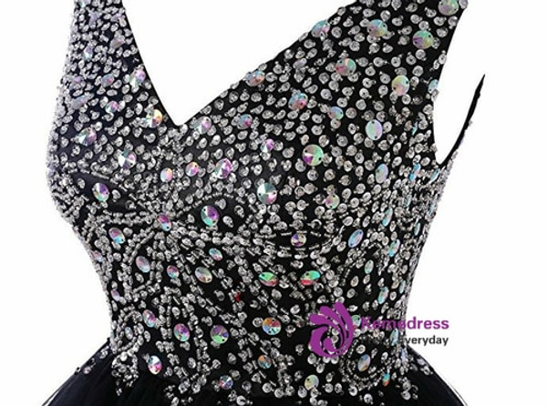 A-Line Black V-neck Tulle Beading Crystal Homecoming Dress 