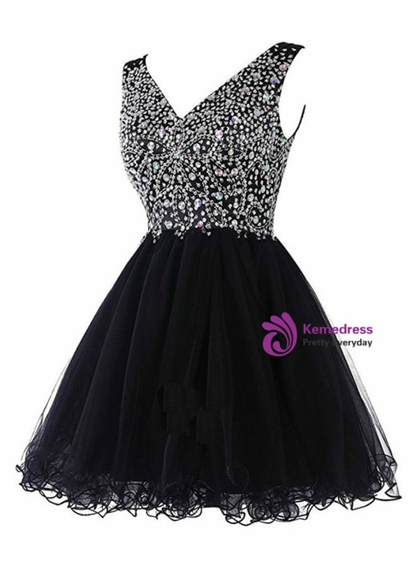 A-Line Black V-neck Tulle Beading Crystal Homecoming Dress 