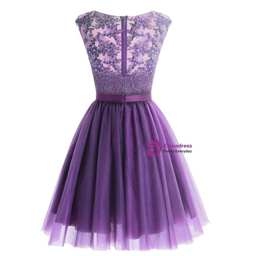 Purple Tulle Lace Apliques Beading Short Homecoming Dress