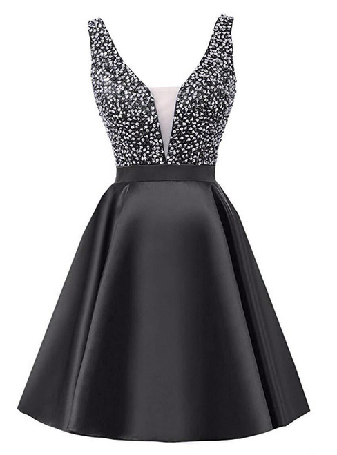 Black V-neck Backless Satin Beading Sequins Short Homecoming Dress