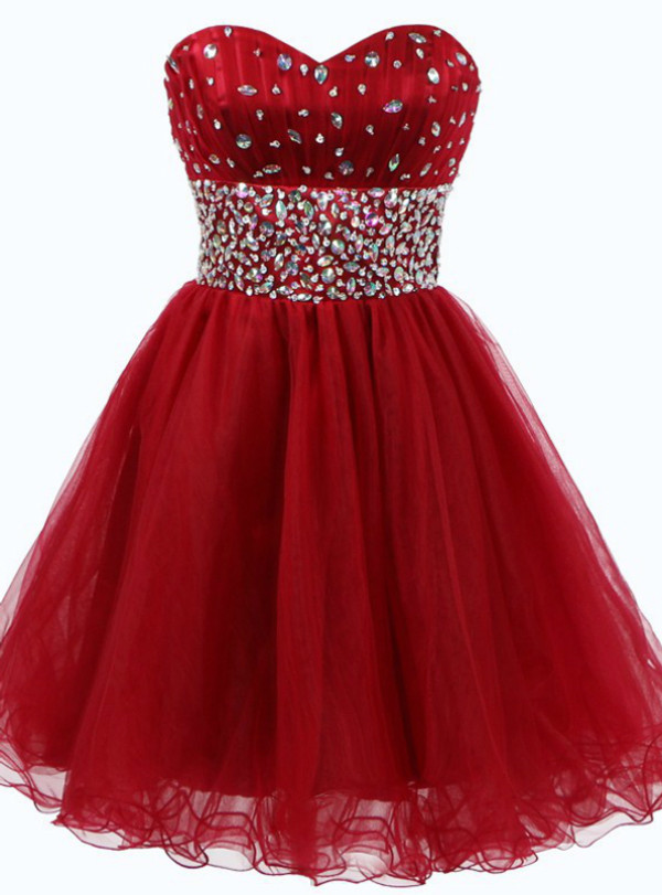 Sexy Red Tulle Sweetheart Homecoming Dress With Crystal Beading