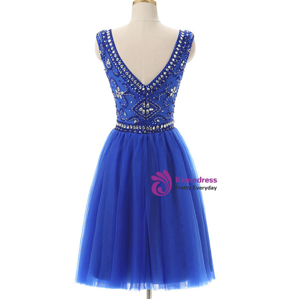 Blue Tulle Crystal Beading Backless Short Homecoming Dress
