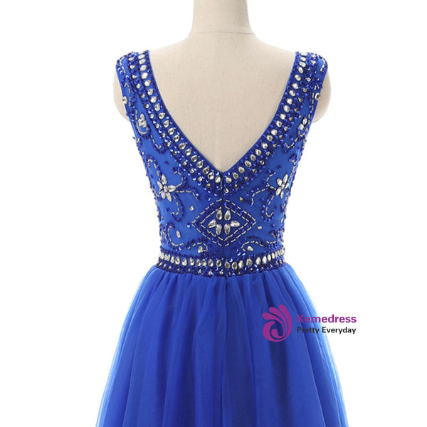 Blue Tulle Crystal Beading Backless Short Homecoming Dress