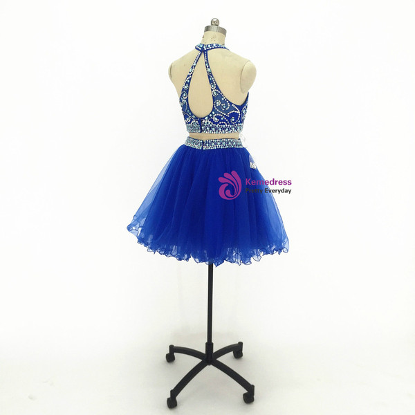 A-Line Red Two Piece Halter Tulle Backless Beading Short Homecoming Dress