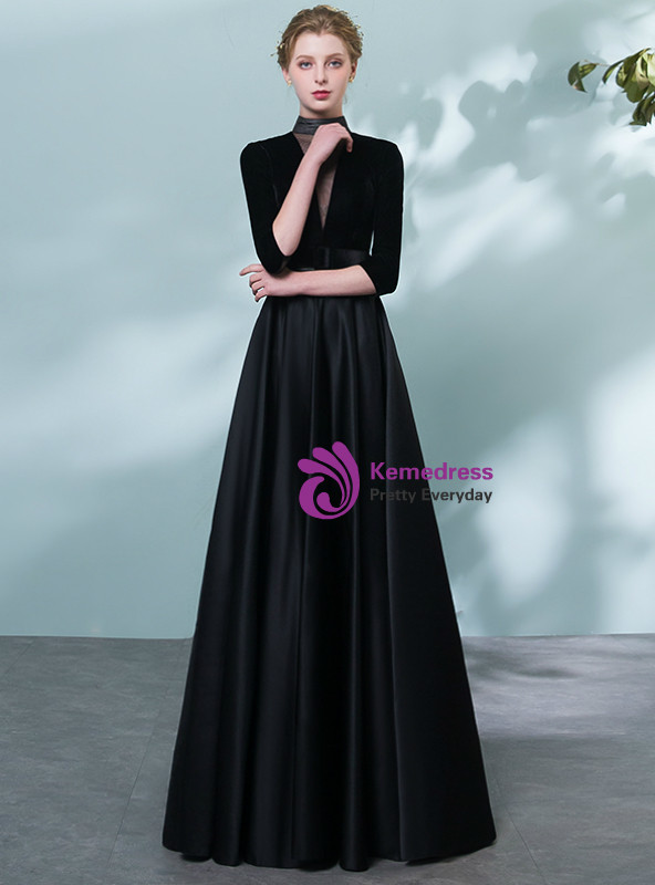 In Stock:Ship in 48 Hours Black High Neck Satin 3/4 Sleeve Prom Dress With Belt