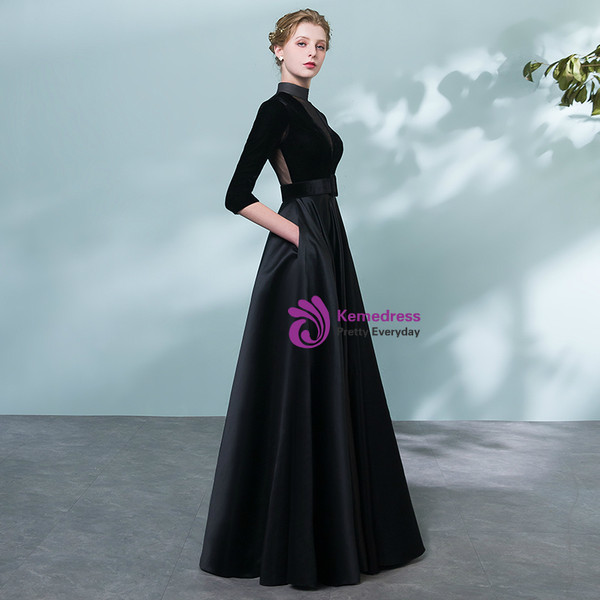 In Stock:Ship in 48 Hours Black High Neck Satin 3/4 Sleeve Prom Dress With Belt