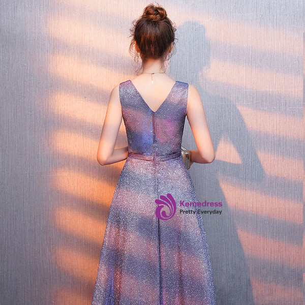 In Stock:Ship in 48 Hours A-Line Purple V-neck Pleats Long Prom Dress