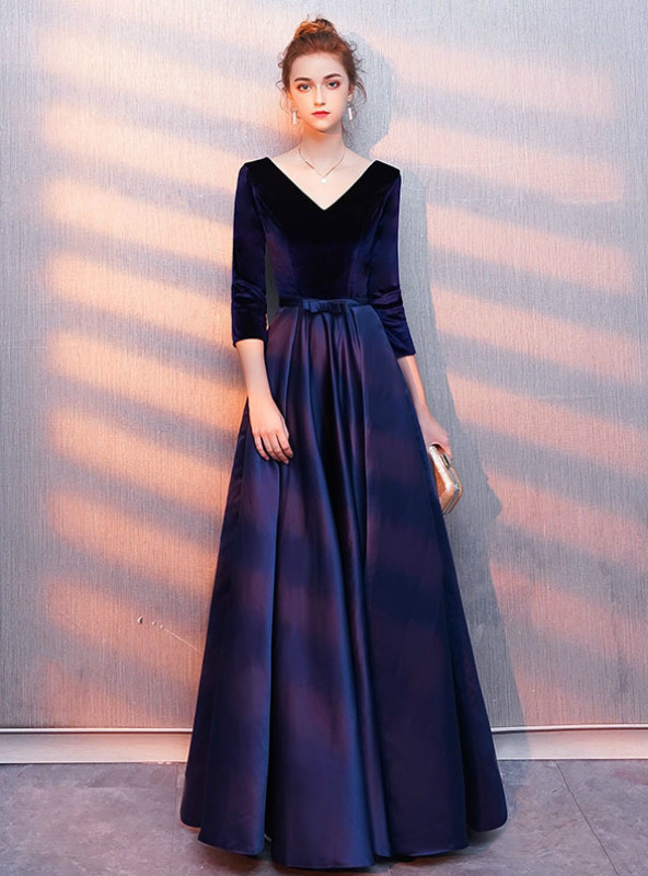 In StockIn:Ship in 48 Hours Navy Blue Velvet Satin 3/4 Sleeve Prom Dress With Sash