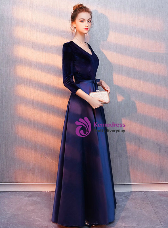In StockIn:Ship in 48 Hours Navy Blue Velvet Satin 3/4 Sleeve Prom Dress With Sash