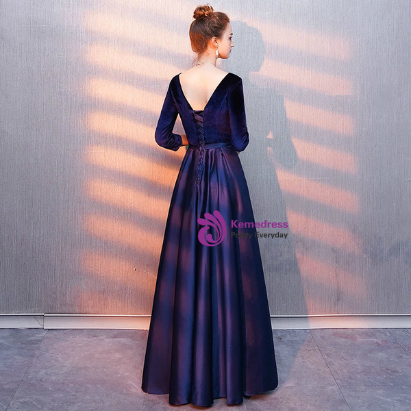 In StockIn:Ship in 48 Hours Navy Blue Velvet Satin 3/4 Sleeve Prom Dress With Sash