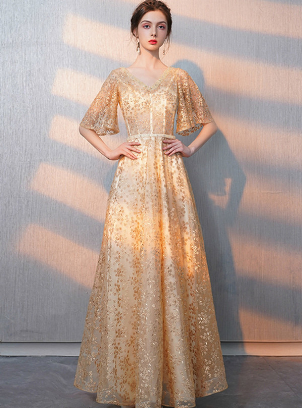 In Stock:Ship in 48 Hours Champagne Gold Lace V-neck Prom Dress