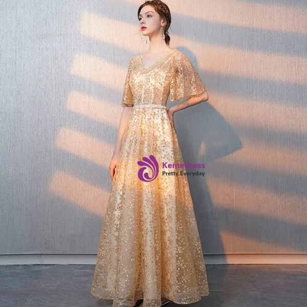 In Stock:Ship in 48 Hours Champagne Gold Lace V-neck Prom Dress