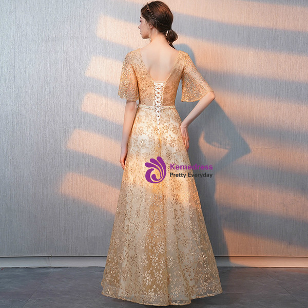 In Stock:Ship in 48 Hours Champagne Gold Lace V-neck Prom Dress