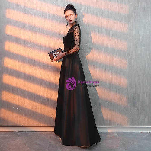 In Stock:Ship in 48 Hours A-Line Black Satin Long Sleeve Long Prom Dress