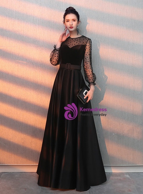 In Stock:Ship in 48 Hours A-Line Black Satin Long Sleeve Long Prom Dress