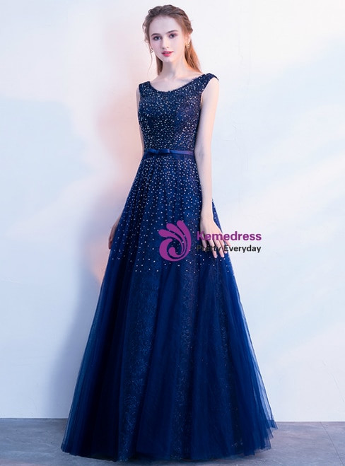 In Stock:Ship in 48 Hours A-Line Blue Tulle Beadings Long Prom Dress With Bow