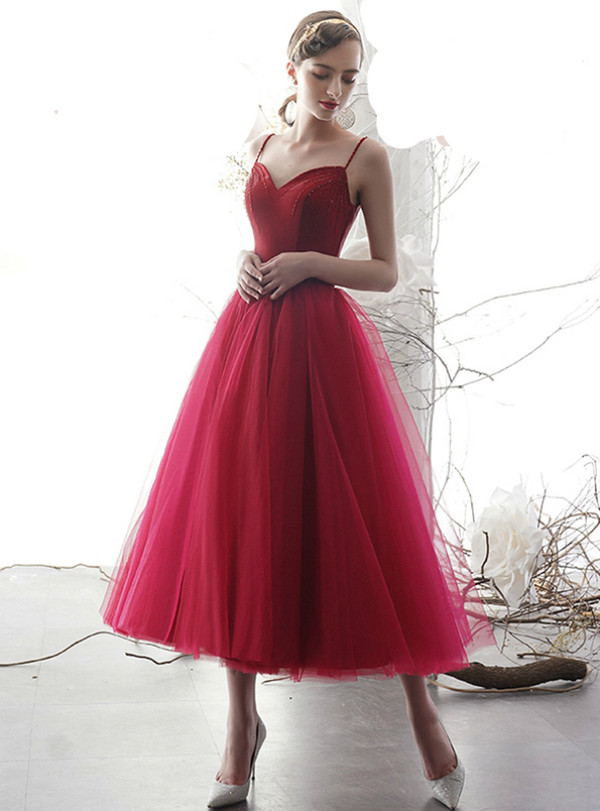 Advanced Burgundy Spaghetti Straps Tulle Backless Beading Prom Dress