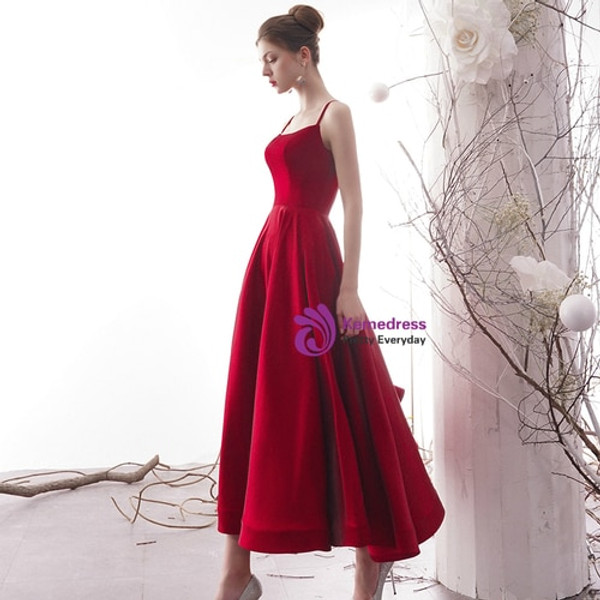 Hot Sale Red Satin Spaghetti Straps Tea Length Prom Dress