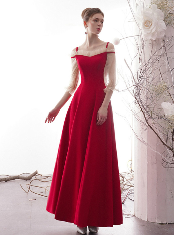Impressive Red Satin Straps Long Sleeve Long Prom Dress