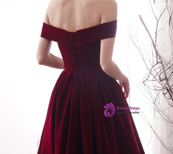 High quality Burgundy Velvet Off the Shoulder Ankle Length Prom Dress With Pocket