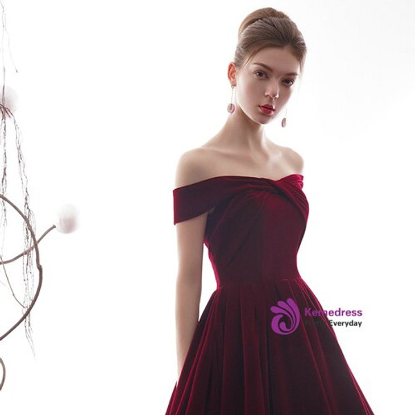 High quality Burgundy Velvet Off the Shoulder Ankle Length Prom Dress With Pocket