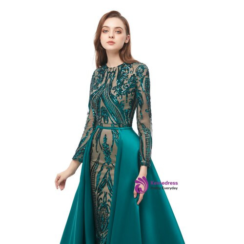 Green Mermaid Sequins Long Sleeve Prom Dress With Removable Train
