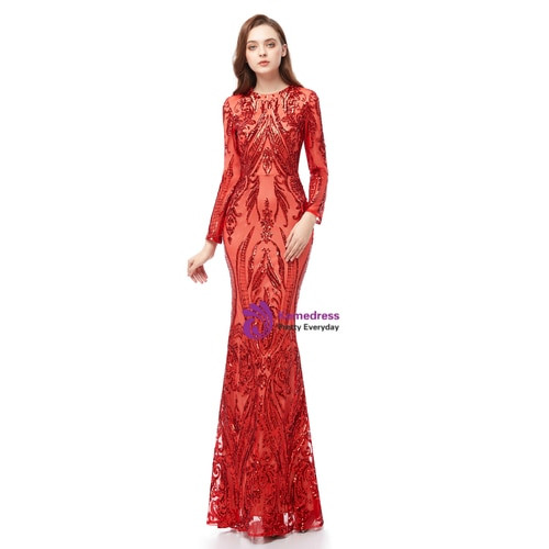 Romantic Red Mermaid Sequins Long Sleeve Prom Dress With Removable Train