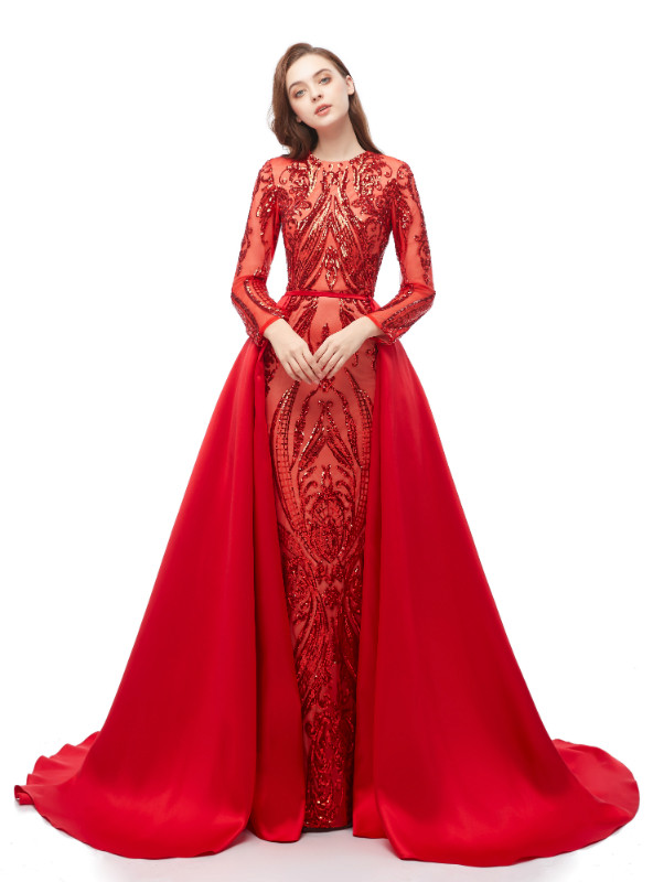 Romantic Red Mermaid Sequins Long Sleeve Prom Dress With Removable Train