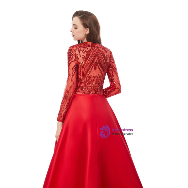 Romantic Red Mermaid Sequins Long Sleeve Prom Dress With Removable Train