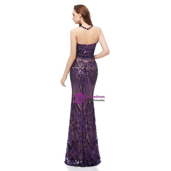 Purple Mermaid Sequins Scoop Sleeveless Floor Length Prom Dress
