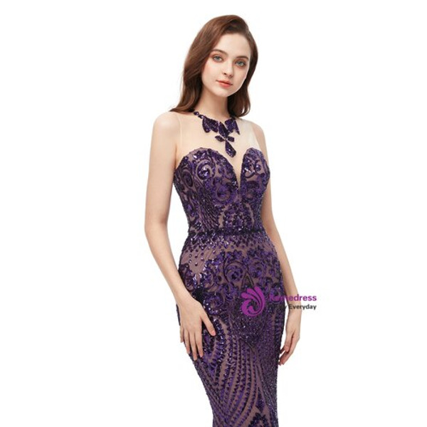 Purple Mermaid Sequins Scoop Sleeveless Floor Length Prom Dress