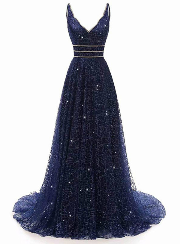 A-Line Blue Tulle Sequins Bling Bling V-neck Long Prom Dress