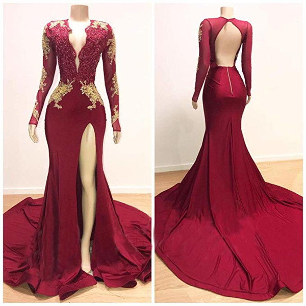 Pretty Burgundy Mermaid Deep V-neck Long Sleeve Backless Prom Dress