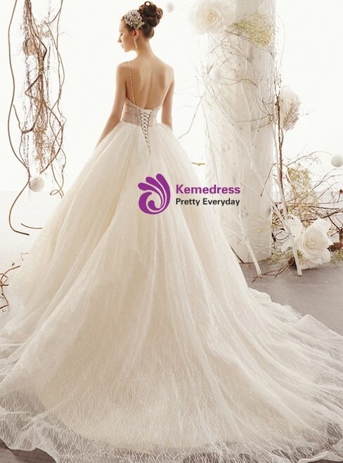 Champagne Tulle Sequins Spaghetti Straps Backless Wedding Dress With Beading