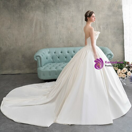 White Ball Gown Satin Strapless Sleeveless Pleats Wedding Dress