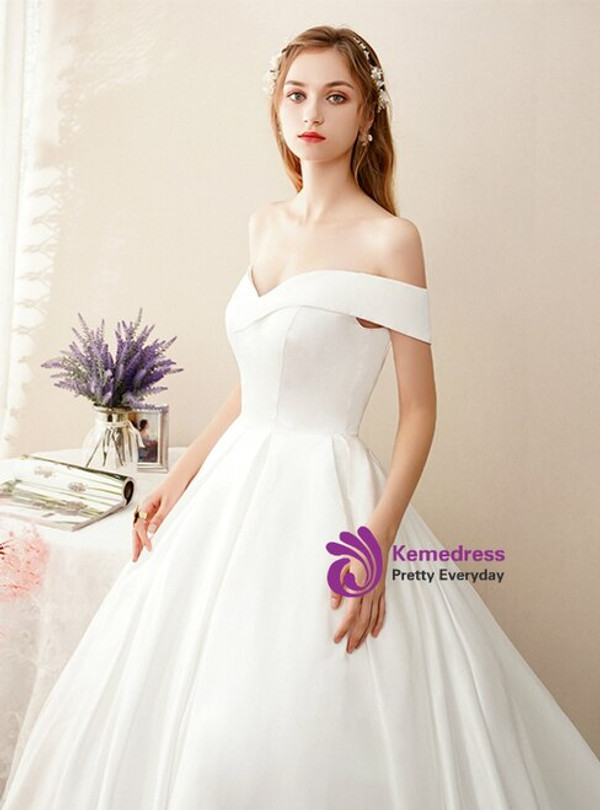 Unique White Ball Gown Satin Off the Shoulder Sleeve Wedding Dress With Train