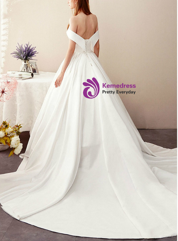 Unique White Ball Gown Satin Off the Shoulder Sleeve Wedding Dress With Train