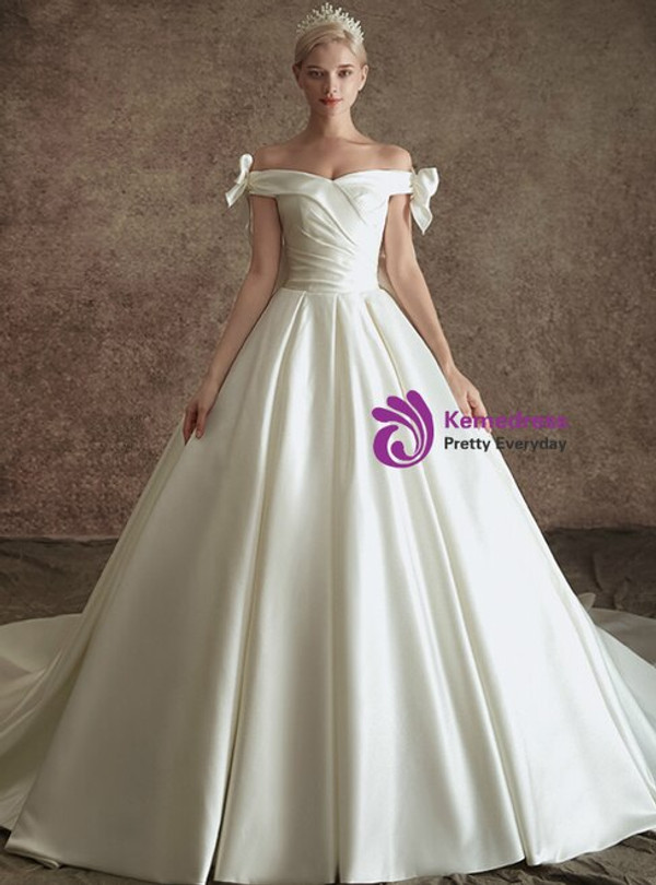 Trendy White Ball Gown Satin Off the Shoulder Wedding Dress With Bow