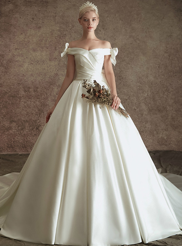 Trendy White Ball Gown Satin Off the Shoulder Wedding Dress With Bow