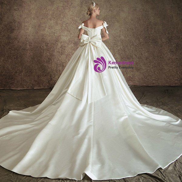 Trendy White Ball Gown Satin Off the Shoulder Wedding Dress With Bow