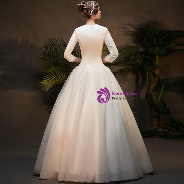 Queenly White Ball Gown Satin V-neck Long Sleeve Appliques Wedding Dress