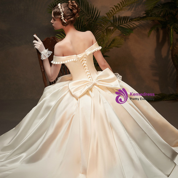 Princess White Ball Gown Satin Off the Shoulder Wedding Dress With Bow