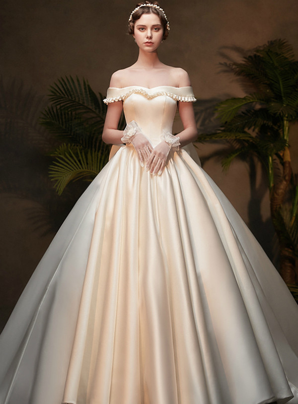 Princess White Ball Gown Satin Off the Shoulder Wedding Dress With Bow